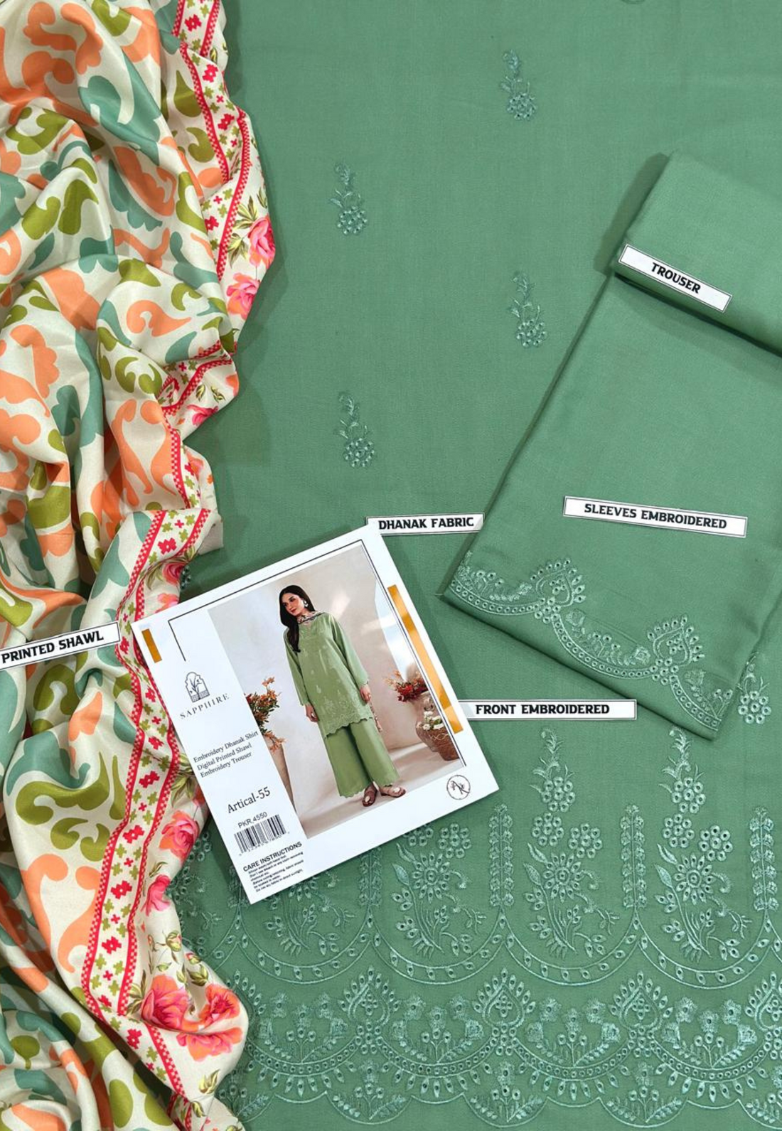 Pastel Sage Green 3-Piece Embroidered Lawn Suit