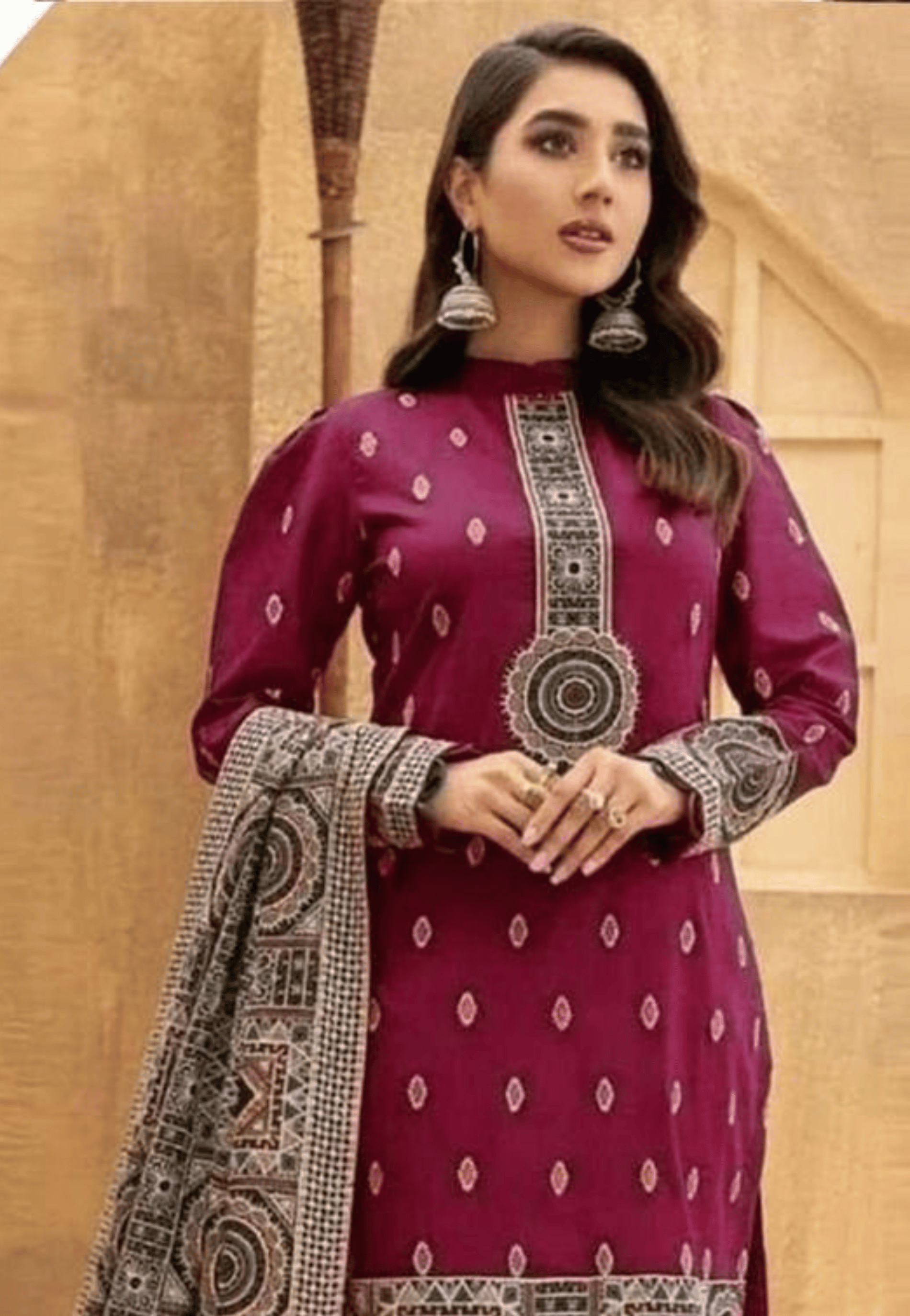 Deep Maroon Printed 3-Piece Unstitched Suit with Embroidered Details