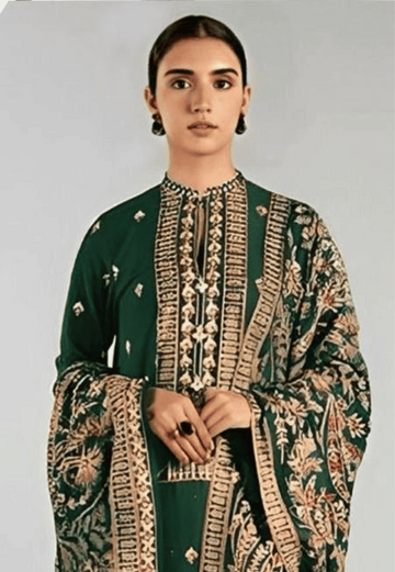 Emerald Green Printed 3-Piece Unstitched Suit with Traditional Motifs