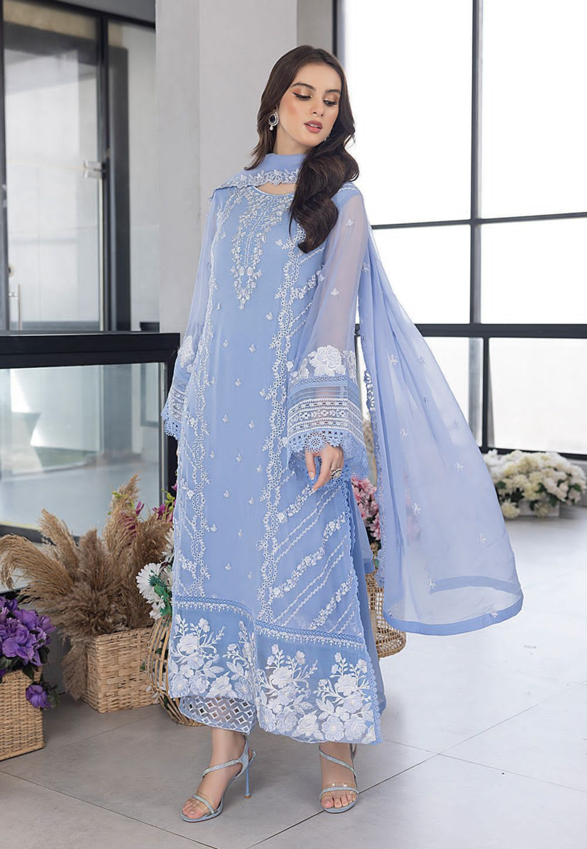 Sky Blue Luxury Embroidered 3-Piece Suit