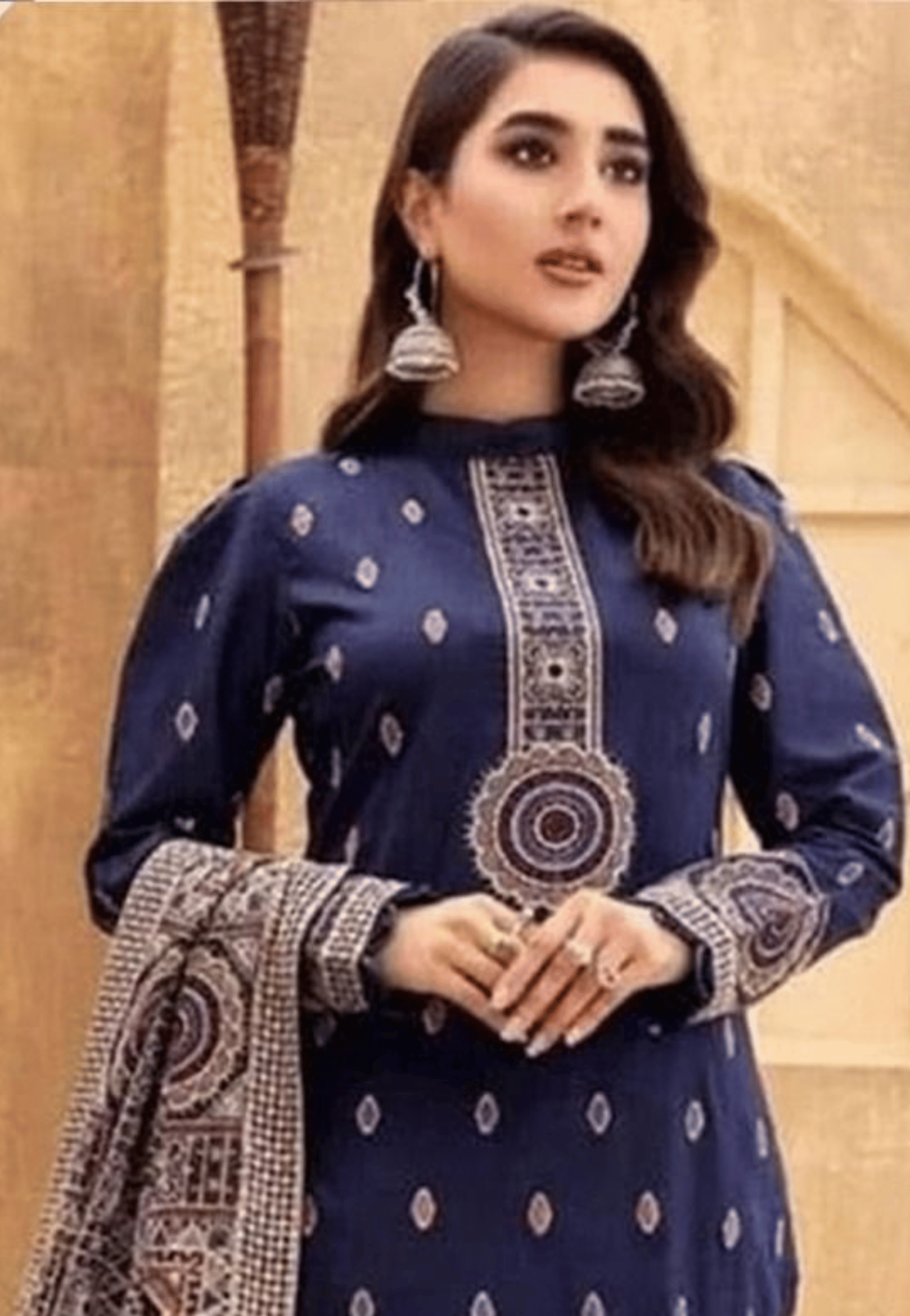 Midnight Blue Printed 3-Piece Unstitched Suit with Traditional Embroidery