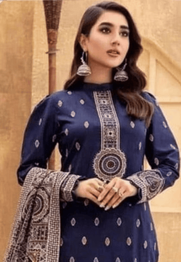 Midnight Blue Printed 3-Piece Unstitched Suit with Traditional Embroidery