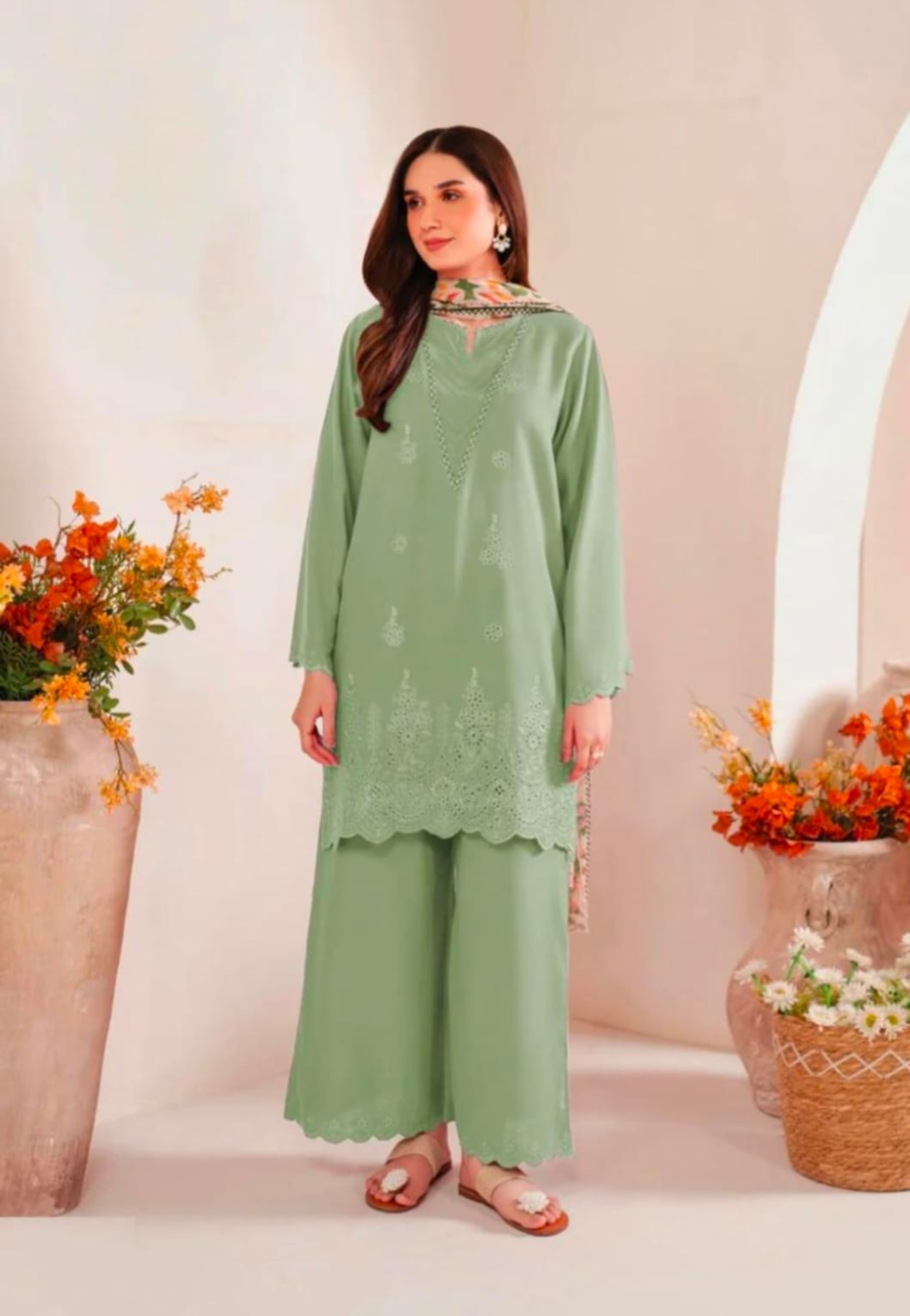 Pastel Sage Green 3-Piece Embroidered Lawn Suit