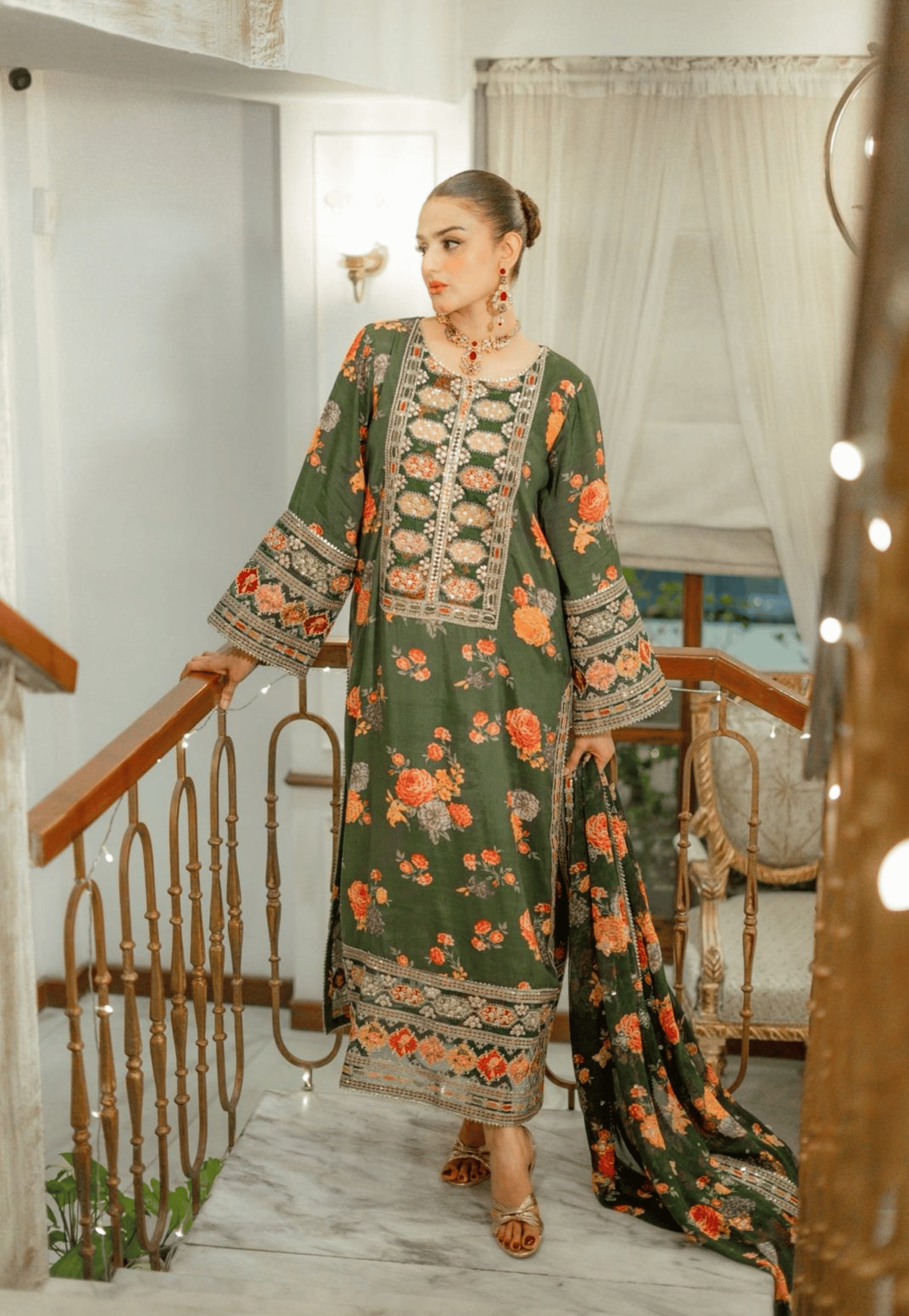Elegant Forest Green Floral Embroidered 3-Piece Unstitched Suit