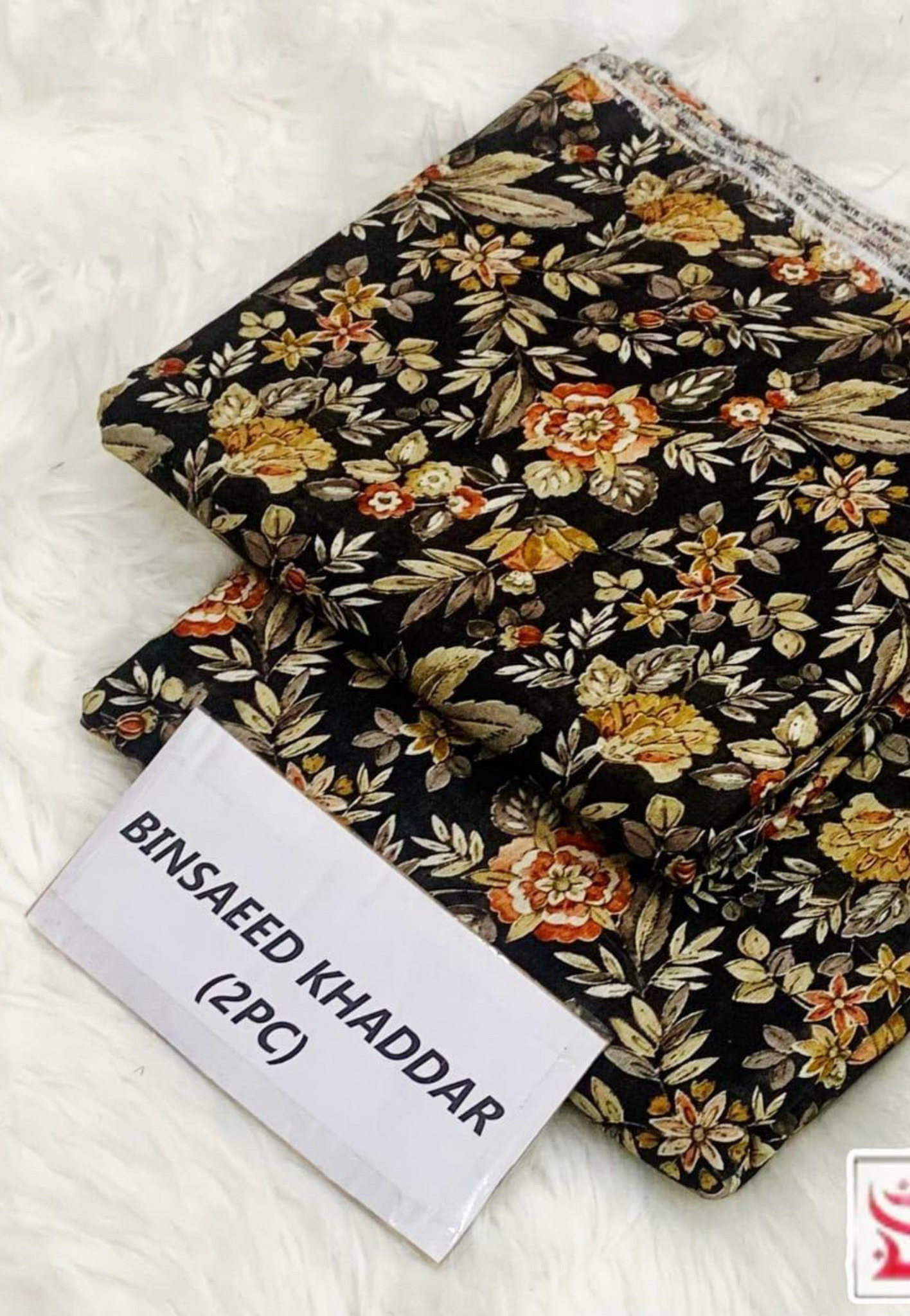 Bin Saeed Khaddar 2-Piece Fabric – Black with Golden Floral Print