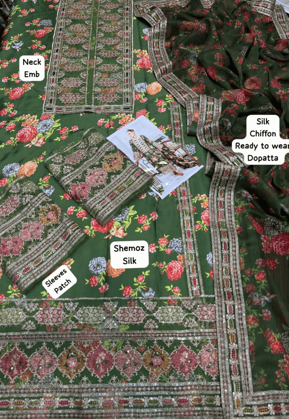 Elegant Forest Green Floral Embroidered 3-Piece Unstitched Suit