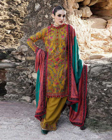 Mustard & Maroon Embroidered 3-Piece Unstitched Suit