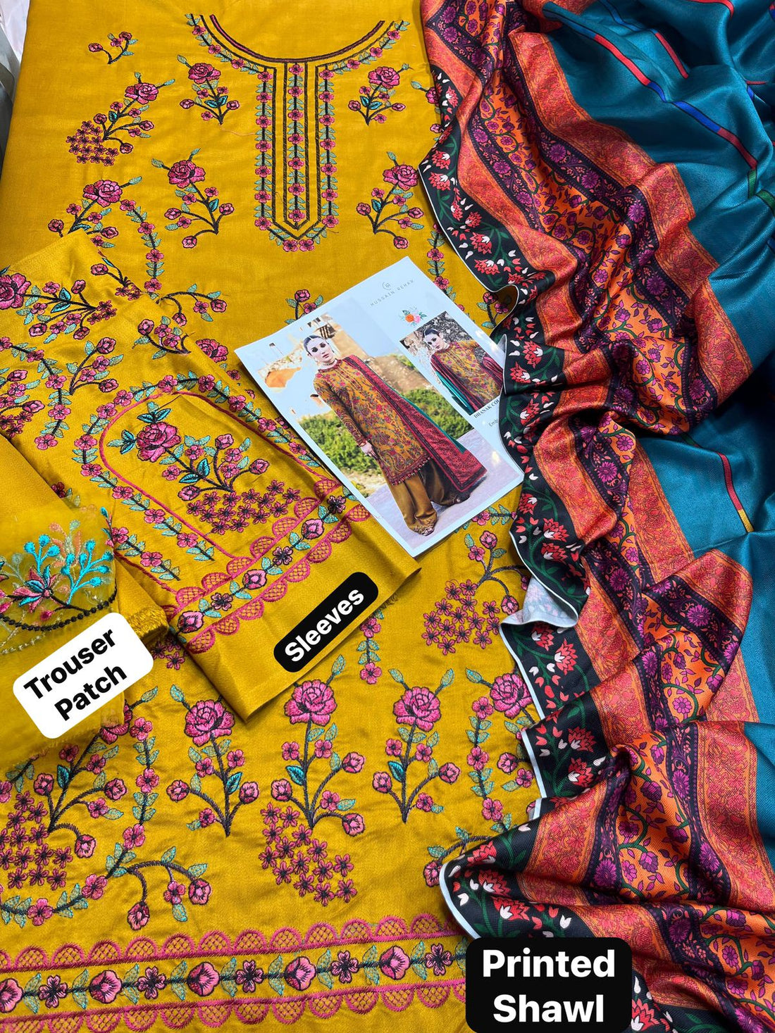 Mustard & Maroon Embroidered 3-Piece Unstitched Suit