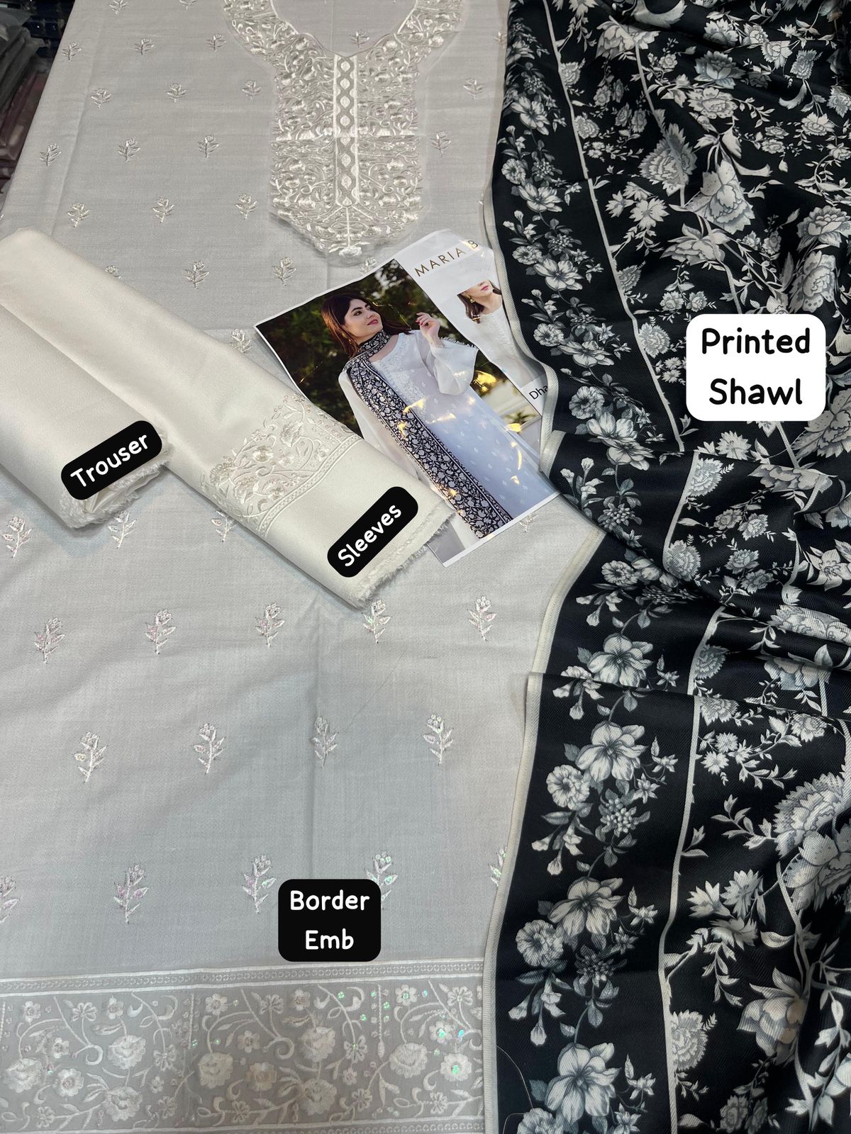 White & Black Elegant Embroidered 3-Piece Suit