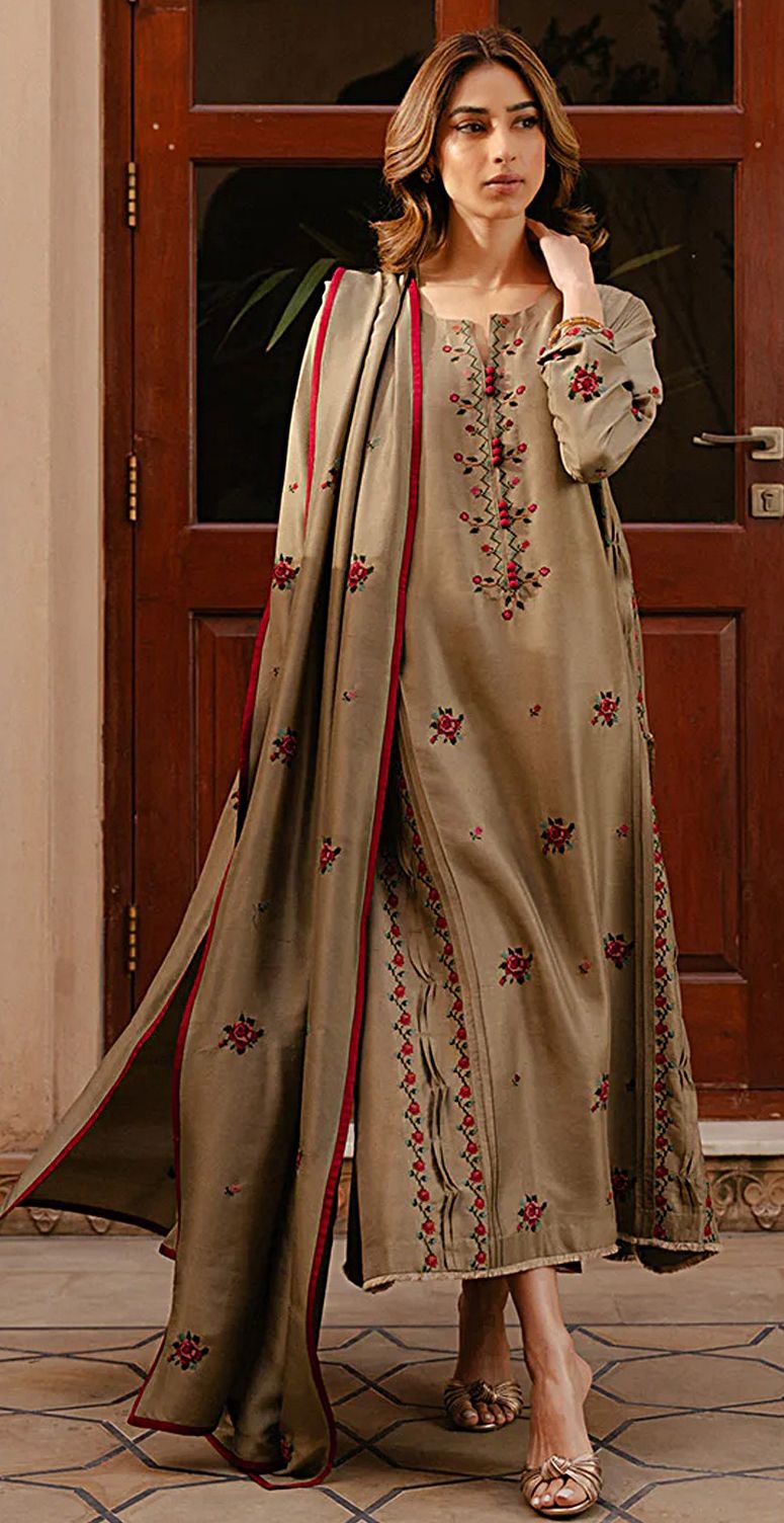 Olive Green Embroidered 3-Piece Unstitched Suit